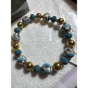 Blue /Gold/white colored Beads -stretch bracelet Larger Wrist size aprox 8"